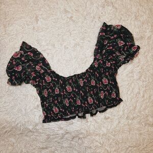 POSTER GIRL Dolls Kill Black and Pink Cherry Print Crop Top